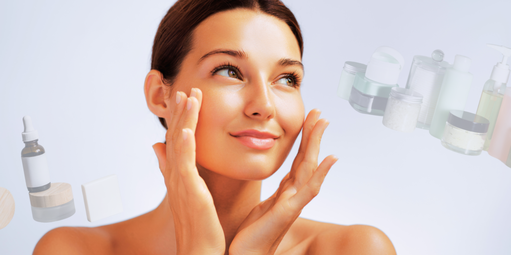 A woman with radiant glass skin, with Korean skincare products in the background.